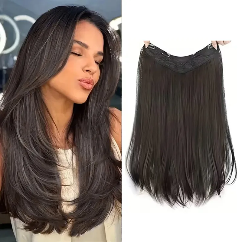 18inch V-shaped clip in hair extension layered hair extension adds volume.made of synthetic fiber for women