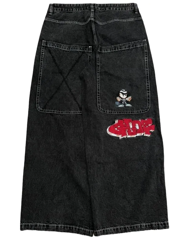 Men Gothic Cross Print Black Denim Baggy Pants Mid Waist Big Pocket Design Loose Fit Hip Hop Streetwear Jeans for Daily Casual