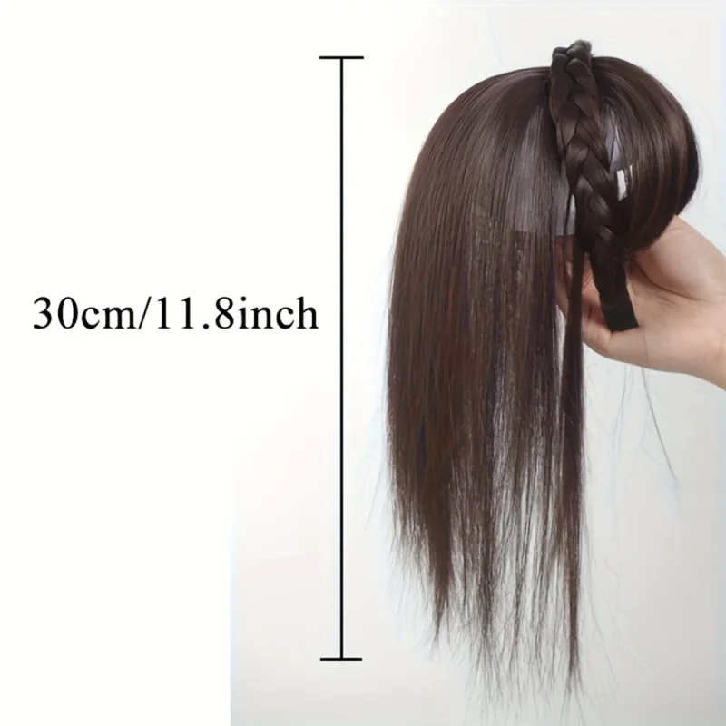 Natural Look Synthetic Straight Hair Extensions - Chic Braided Headband with Clip-In Hair Topper & Bangs for Women