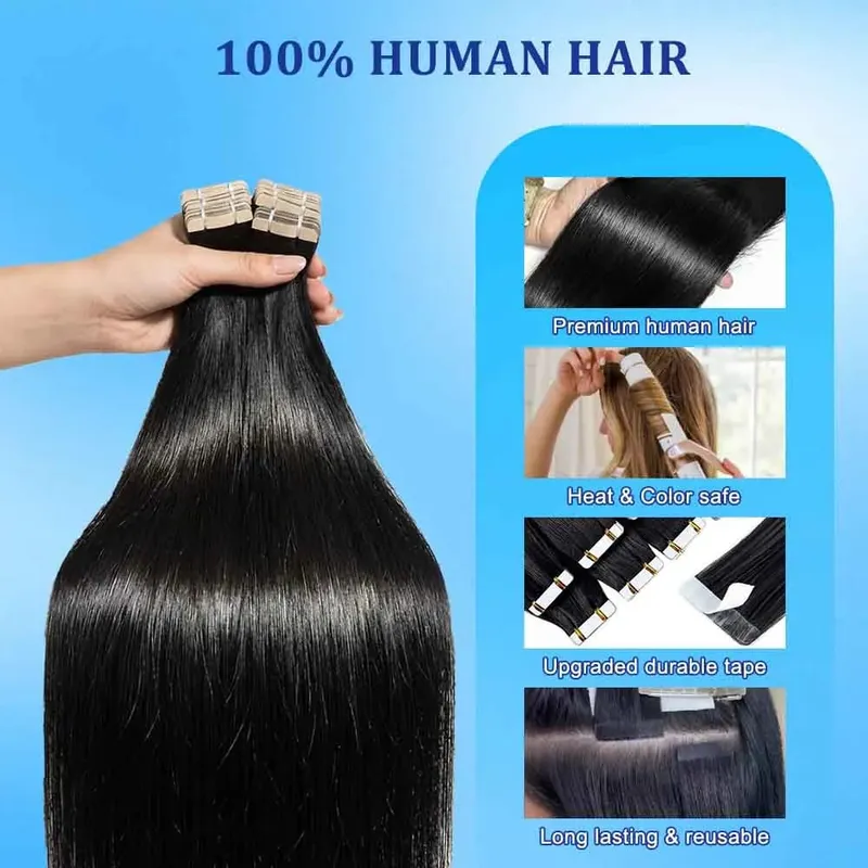 16-24 Inch 16A Tape In Hair Extensions Invisible Seamless Real Human Hair Brazilian Natural Black Remy Straight Hair 100% Human Hair For Women