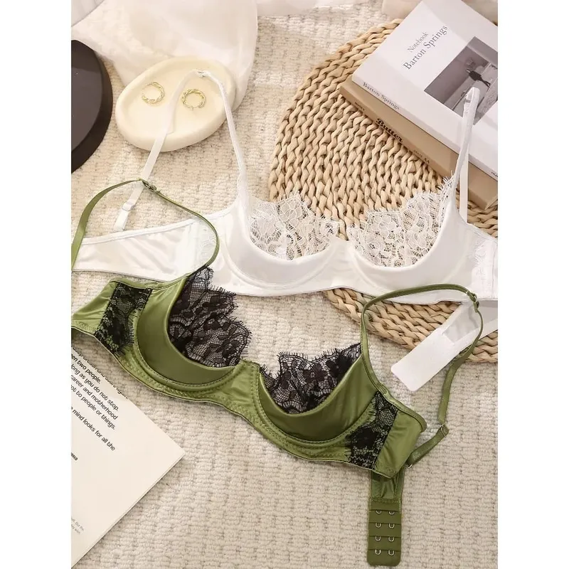 Half Cup Lingerie Set Women Green French Lace Ultra Thin Sheer Soft Comfortable Underwire Bra Small Bust 32‑38AB Set