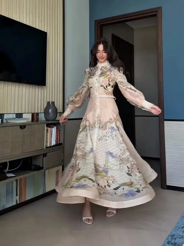 Lace Printed Women's Dress Elegant Half High Collar Loose Sleeve Single Breasted Belt Female Skirt 2026 Summer Lady Draped Robe