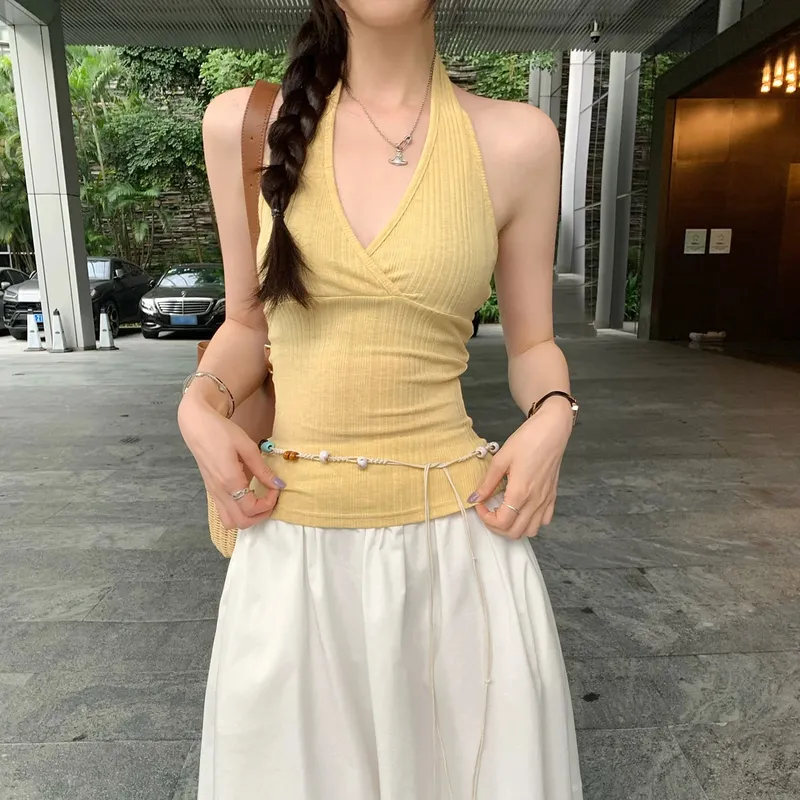 2026 Summer New Outer Wear Tank Top Spice Girl Style Halter Cross V Neck Women Camisole Korean Style Solid Color Crop Top