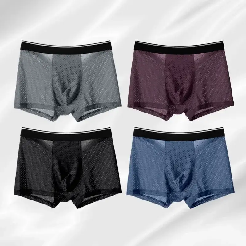 4 Buah/Lot Pakaian Dalam Sutra Es Pria Celana Pendek Ukuran Plus Celana Boxer Jaring Pakaian Dalam Sejuk Antibakteri Pakaian Dalam Cepat Kering Pria