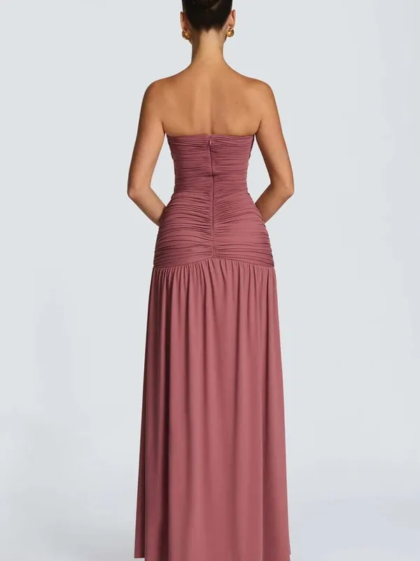 Women Elegant Deep V-neck Pleated Strapless Dress Chic Off-shoulder Backless Split Maxi Dresses 2026 Lady Evening Party Vestidos
