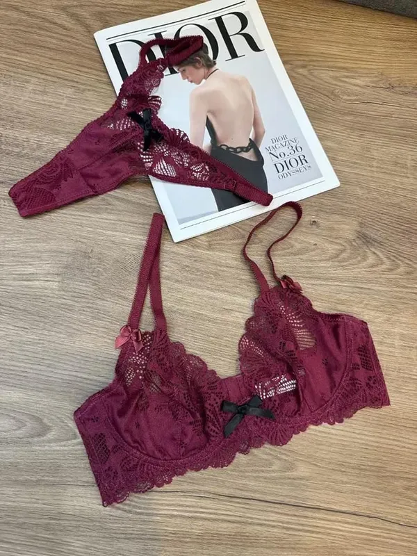 Logirlve French Sexy Women Underwear Set Ultra Thin Lace Embroidery Bra Set Comfort Breathable Brassiere and T-back Lingerie Set