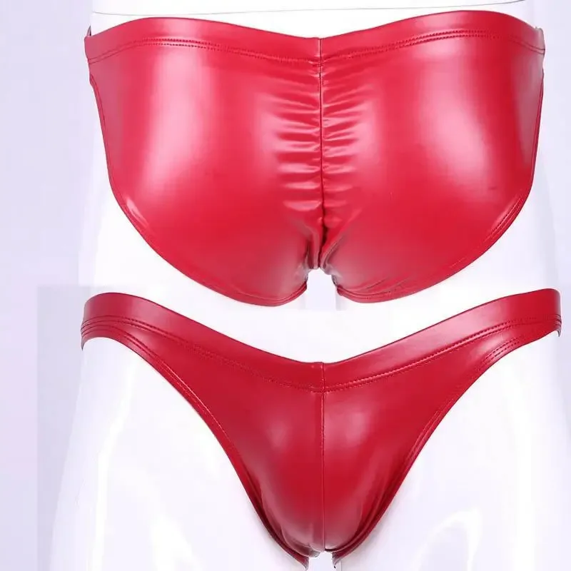 Oil Glossy Swimming Briefs PU Lather Elastic Low-rise Buttocks-Lifting Slip Bikini Shirring Crotch Seam Underwear Bathing Shorts