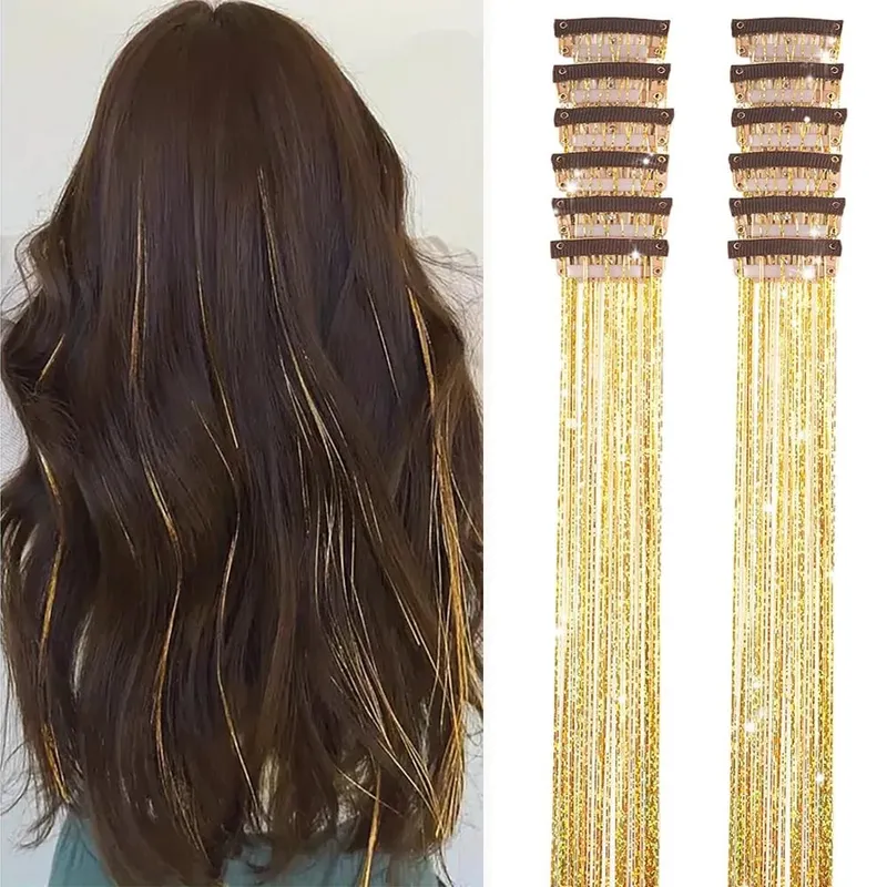 12 Pcs Colorful Clip in Hair Tinsel Extensions Fairy Glitter Hair Accessories synthetic 20‘’ Party Kit for Women Girls Kids