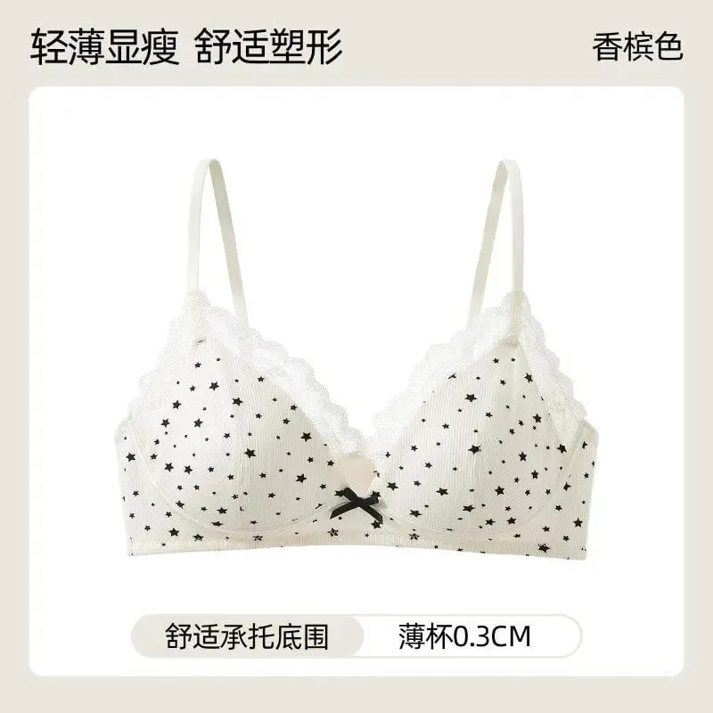 Womens Polka Dot Star Lace Wireless Bra Thin Push Up Anti Sag Bralette Small Chest Lift Teen Girls Casual Everyday Brassiere Hot