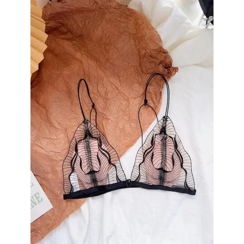 Premium French Triangle Cup Lace Wireless Bra Set Ultra Thin Thin Strap Soft Sexy Backless Lingerie 32‑38 A-B CUP Set