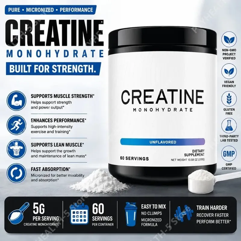 Creatine Monohydrate Powder 5000mg 60 Servings Unflavored Daily Fitness Support Supplement Vegan Gluten Free 300g