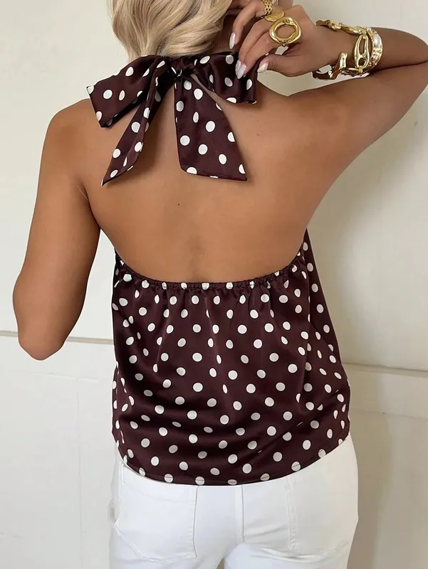 Women's Fashion Polka Dot Print Halter Necktie Top One Piece Round Dot Patterned Halter Style Vest-Style Upper Apparel
