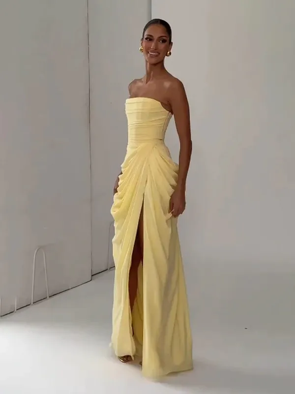 Elegant Solid Pleated Strapless Maxi Dress Yellow Off-shoulder Backless High Waist Split Robe 2026 New Lady Evening Party Gown