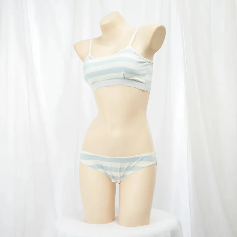 100% Cotton Blue Pink & White Stripe Cute Women's Girl's Camisoles & Panties Set Lolita Vest Underwear Cosplay Anime