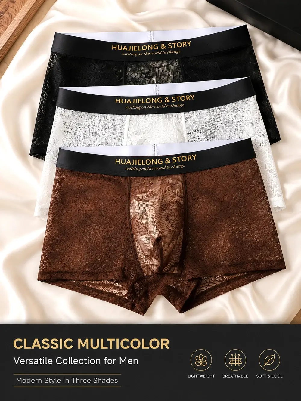 1/3PCS Sexy Lace Floral Knit Hollow Out Men Underwear Cool Ice Silk Breathable Mesh Crotch Boxers Man High Elastic Men's Panties