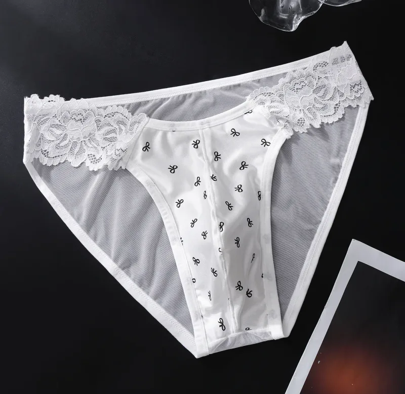 Herren-Slip aus französischer Spitze, Satin, exotisches männliches Netz, transparente Dessous, 3D-U-konvexes Höschen, atmungsaktive Eisseide, nahtlose Unterwäsche