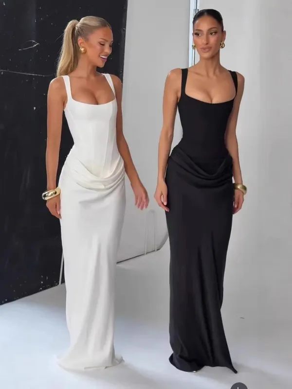 Sexy Backless Ruched Maxi Dress for Women U-neck Sleeveless Bandage Bodycon Black Long Dresses Lady Evening Party Gown