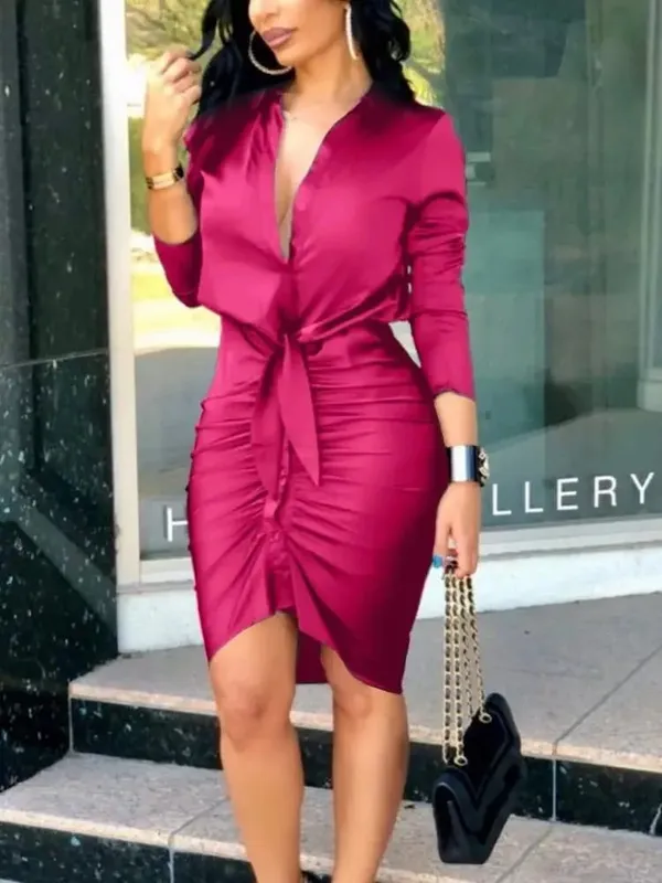 Kadın Uzun Kollu V Yaka Midi Elbise Dantelli Bodycon Gömlek Elbise Bel Kravatlı Asimetrik Etek Parti Kulübü Akşam Giyim için