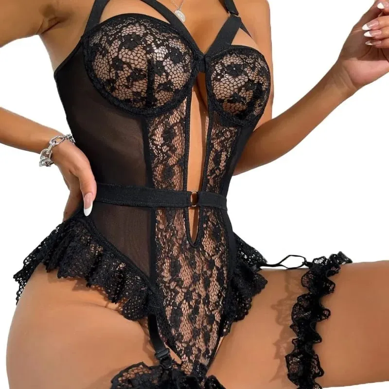 2pcs Red Floral Lace Garter Lingerie Set Women's Underwire Bra Choker Thongs Intimate Ladies Underwear Set