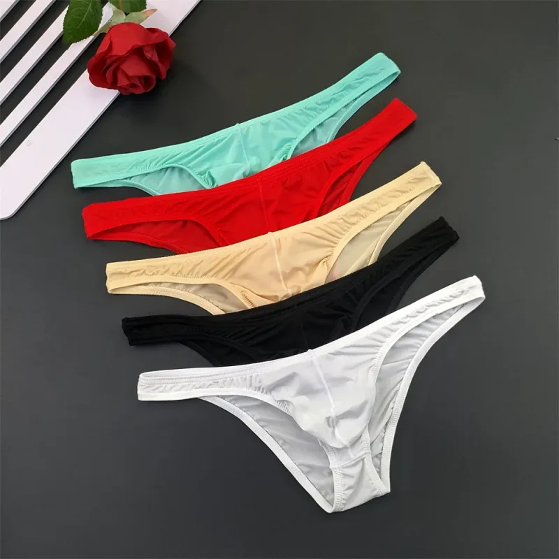 5Pcs New Youth Men's Ice Silk Brief U Pouch Underwear Low Waist Ultra Thin Transparent Underpants Sexy Plus Size Male Panties