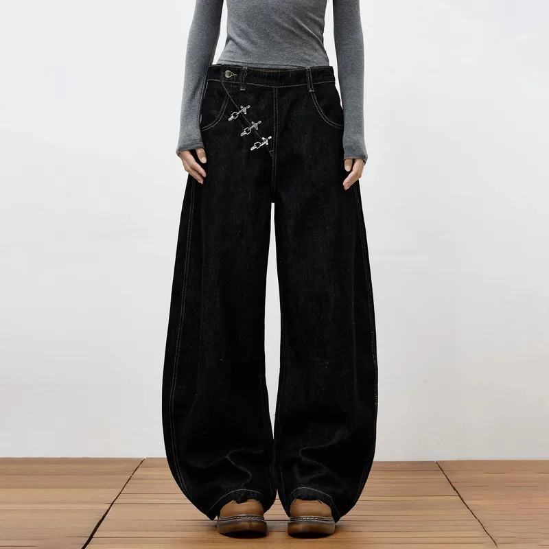 High Retro Hip Hop Wide Leg Raw Denim Jeans Women Airplane Buckle Design Curved Hem Floor Length Jeans Streetwear Daily Clothes