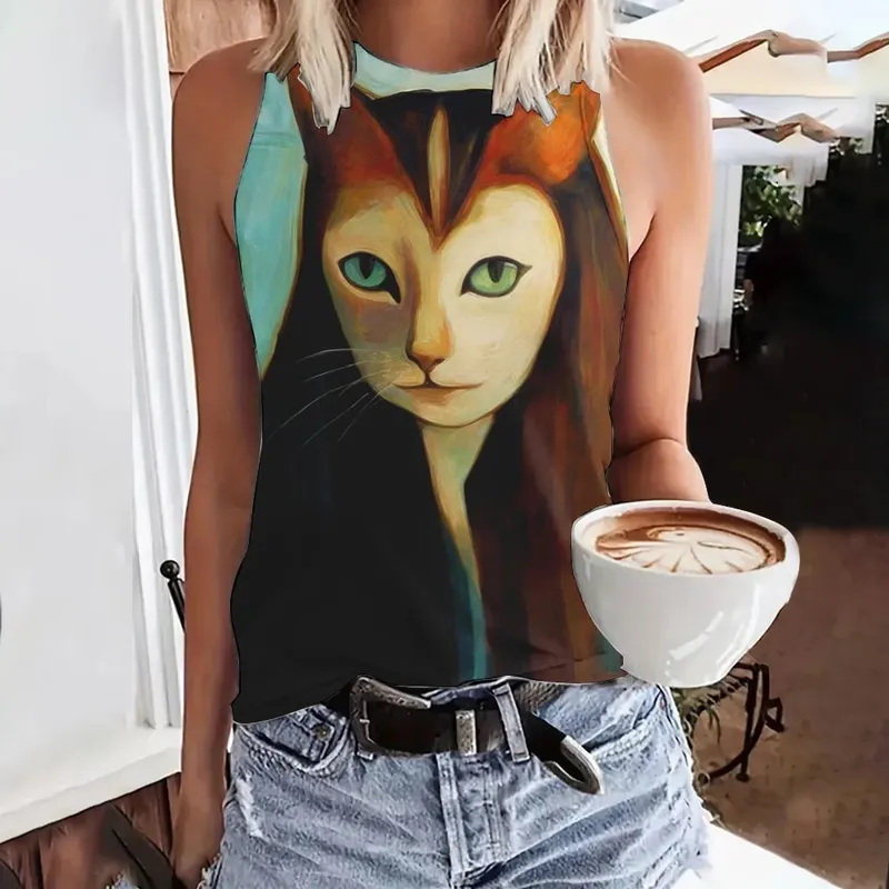 Débardeur d'été imprimé visage drôle de chat en 3D pour femmes, Streetwear à la mode, surdimensionné, col rond, gilet, épaules dénudées, sans manches, Camisole