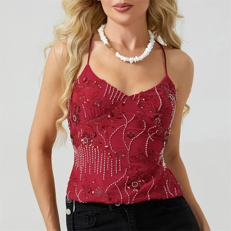 Zomer Vrouwen Y2k Sequin Halter Crop Tops Parel Verfraaid Cami Tops Zomer Glitter V-hals Strass Hemdje Tank Shirt