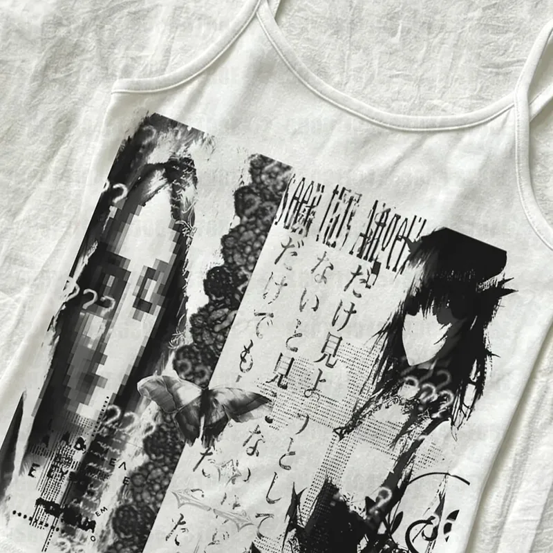 Women's tight vest baby T-shirt 2000s top Gothic Camisole top Emo girls' printed crop top Y2k style retro punk