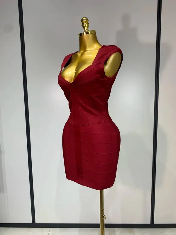 Women Sexy Sleeveless Deep V-neck Bodycon Mini Bandage Dresses Elegant Evening Party Luxury Birthday Club Prom Gown