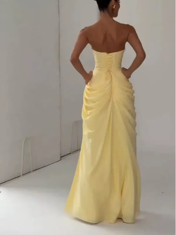 Elegant Yellow Strapless Pleated Dress Women Chic Sleeveless Waist Cinching Split Maxi Gowns Lady Evening Party Dresses 2026 Bago