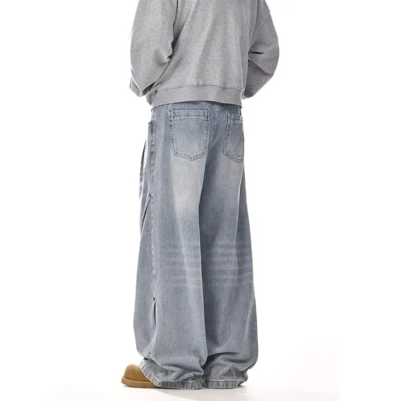 Mens Jeans Harajuku American Vintage Washed Cleanfit High Street Straight Loose Wide Leg Denim Pants Unisex Fashion Style New