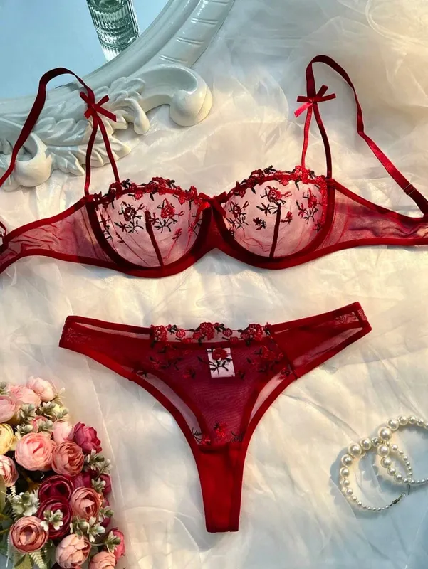 New Pink Transparent Bra Women Lingerie Set Ladies Embroidery Floral Bras Underwear Sets — image 6