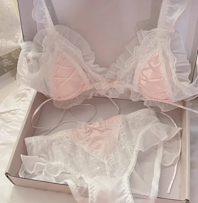 Lolita Style Thin Lace Triangle Cup Bra Set for Women Cute Small Bust Sexy Lingerie Underwear