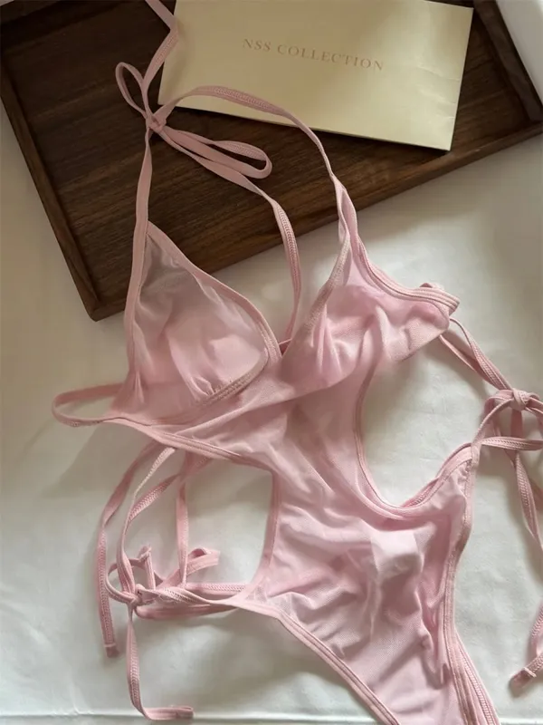 Sexy one-piece halter lingerie hanging neck pink breathable thin bodysuit women bra large size underwear