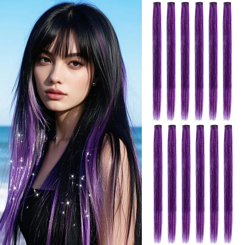 Synthetic Clip in Hair Extensions 12pcs/pack Clip in Colorful Hair Mixed Tinsels Glitter Hairpices for Women Girls Daily Party