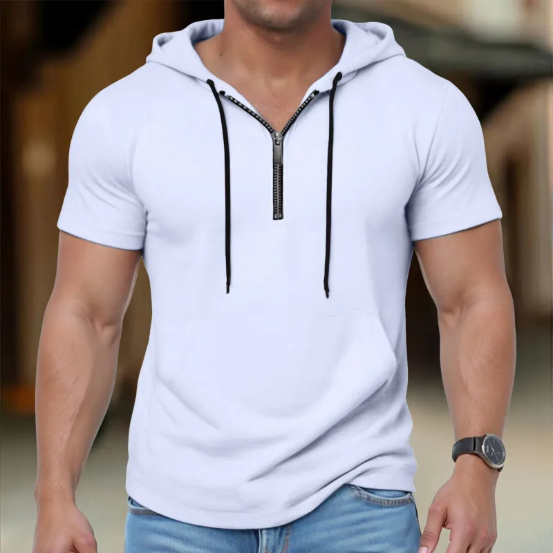 Hoodies casuais de manga curta masculina moda esportes metade zip cordão moletom mostrar mais forte solto respirável fitness hoodies — image 3