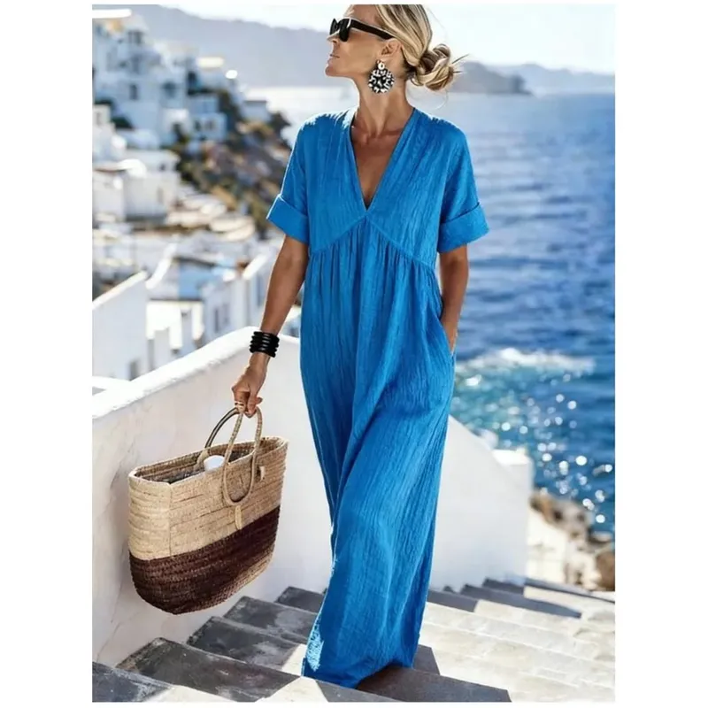 2026 Casual V-neck Short Sleeve Solid Color Women's Loose Dress Summer Elegant Female Fashion Vacation Pocket Long Dresses
