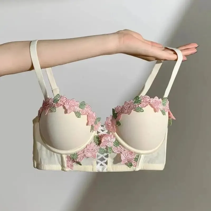 Vintage Floral Lingerie Set Cream Lace Bralette Retro Push Up Bra for Small Bust Women Pure & Sensual Embroidered Wireless — image 2