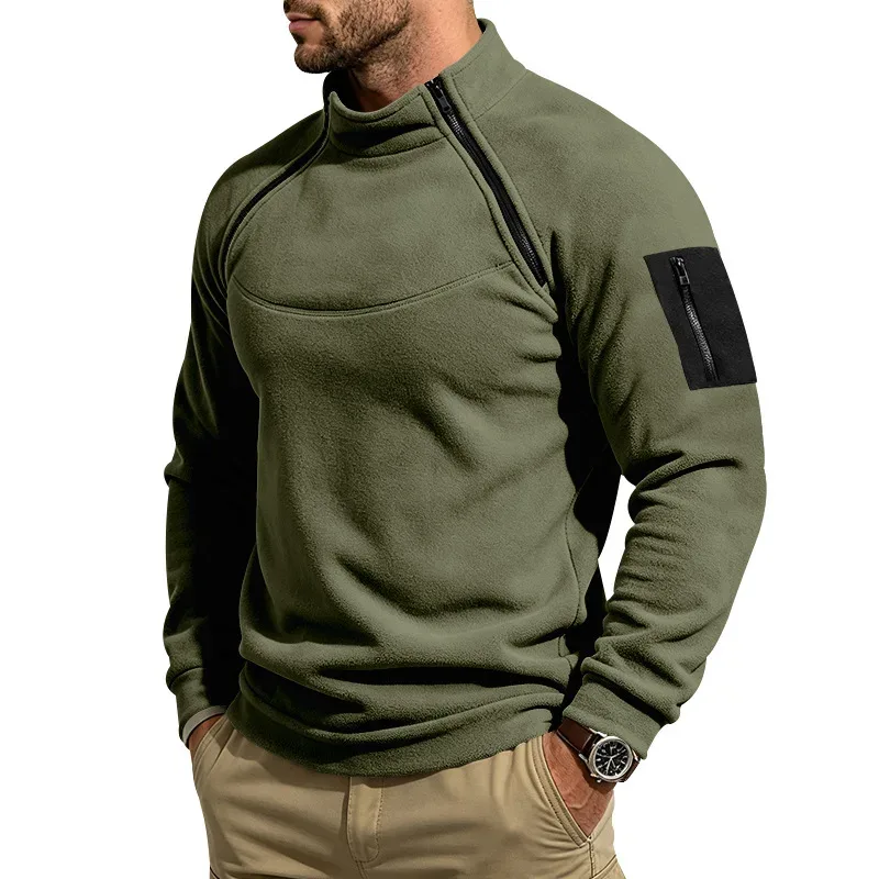 Men Fleece Stand Collar Sweatshirt Diagonal Zipper Arm Pocket Long Sleeve Loose Casual Pullover Autumn Winter Outdoor Tops