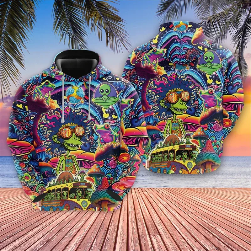 Harajuku Fashion Alien Graphic Sweatshirts Trippy Mushroom Y2k Hoodies For Men Clothes Cartoon Boy Pullovers Hip Hop UFO Hoody