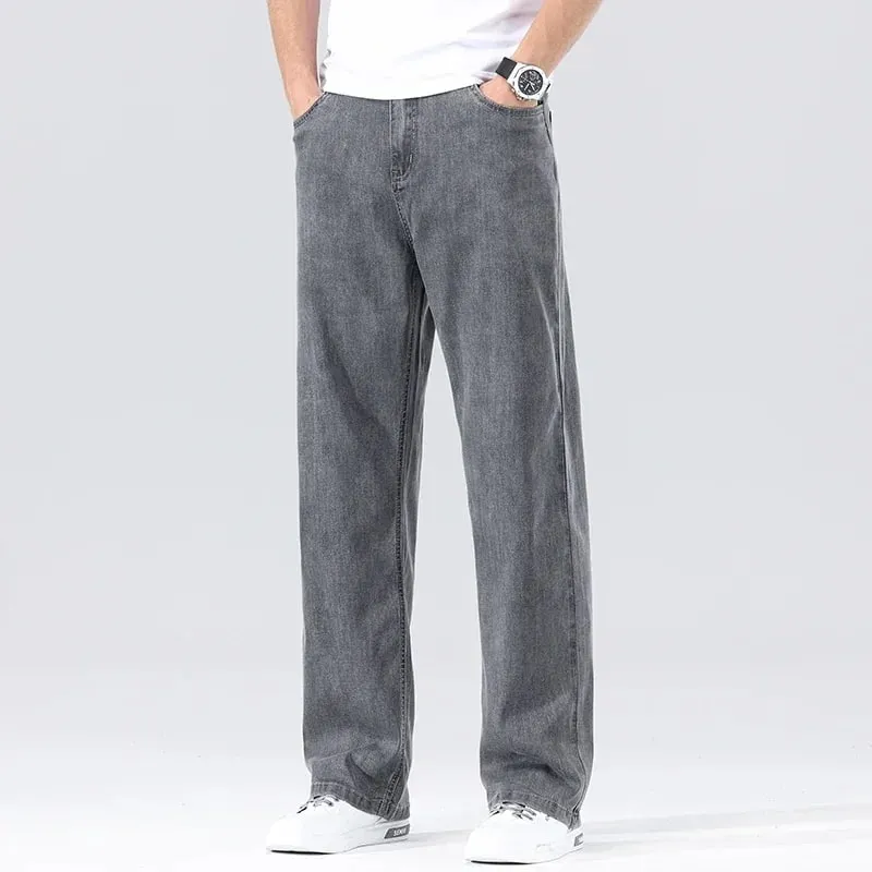 Men's Loose Jeans Summer Fashion Drape Soft Fabric Ultra Thin Pants Wide Legs Ice Silk Lyocell Business Straight Denim Trousers