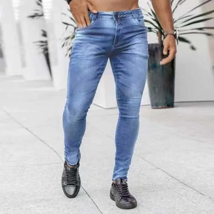 Men High Waist Skinny Jeans Stretch Pencil Pants Solid Color Ins Trendy Street Slim Fit Denim Trousers Male Casual Pants