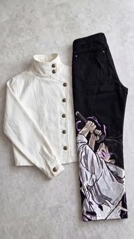 Men Y2K Anime Character Embroidered Jeans Streetwear Cargo Denim Pants Straight Leg High Waist Loose Rock Punk Unisex Jeans