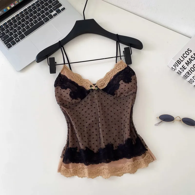 Polka Dot Mesh Lace Top French V Neck Shirred Stretchy Slim Backless Pambabaeng Tank Top Summer Y2K Sensual Lazy Kamisole