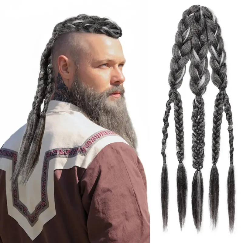 24" Clip In Braided Ponytail Hairpiece for Halloween Viking Costume Renaissance Warrior Accessories - Warm Brown with Highlights