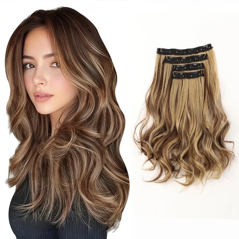 Wig piece wig women's four piece set large wave clip hair synthetic hair extensions