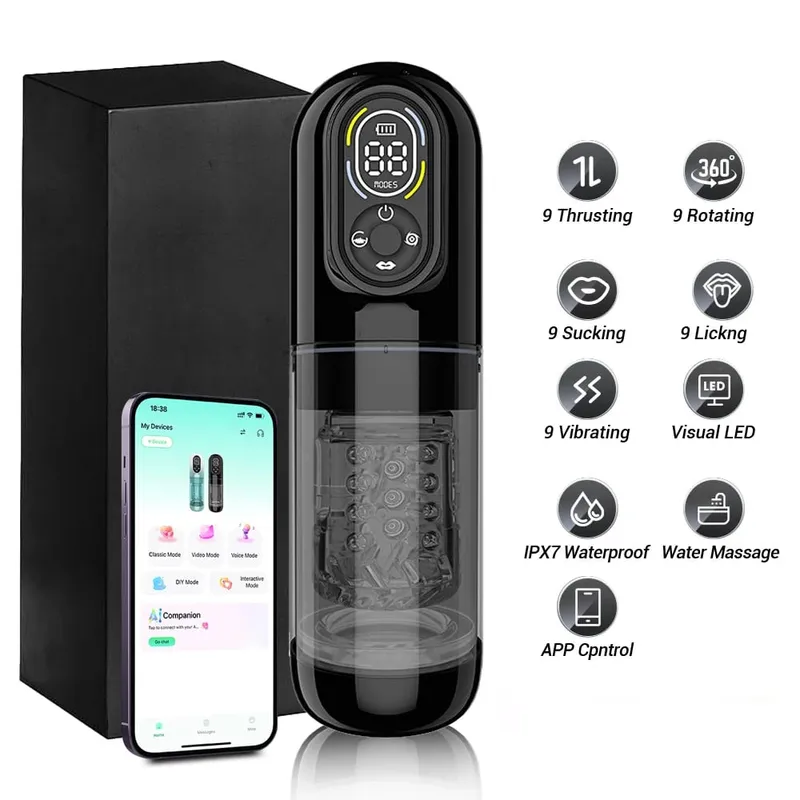 Automatic Male Masturbator Penis Pump Thrusting Rotating 9 Vibrating Sucking Licking Mode Visual LCD Pocket Pussy Adult Sex Toys