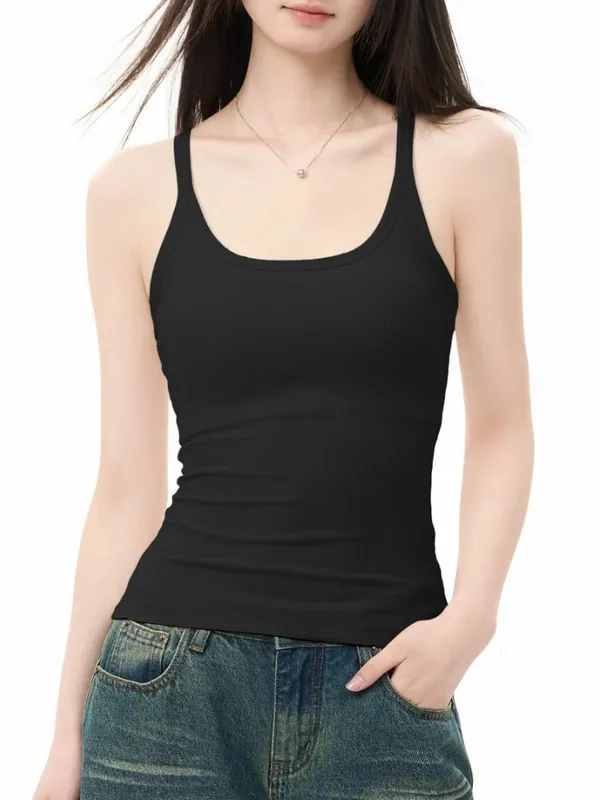 Zjaiss Elegant Knit Summer Tank Top Korean Slim Solid U Neck Women Cami Soft Ribbed Basic Layering Vest Fashion Ladies Top