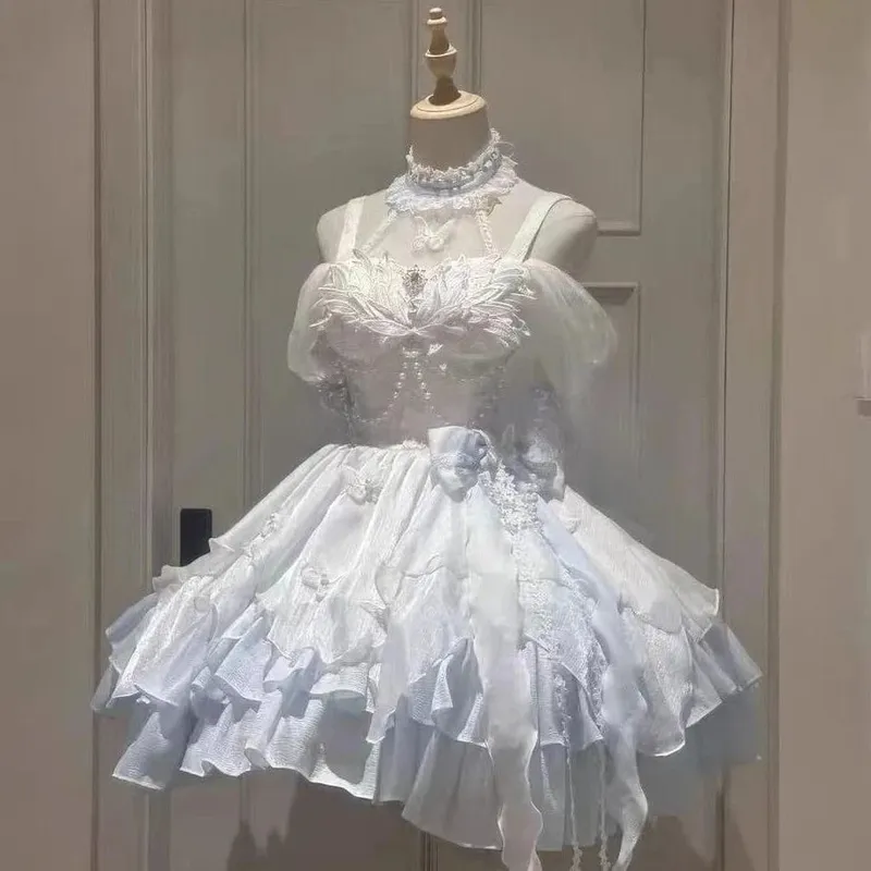 2026 Sweet Lolita Y2k Mini Dresses Women Lace Patchwork Short Sleeve Elegant Bandage French Vintage Short Party Dress Female