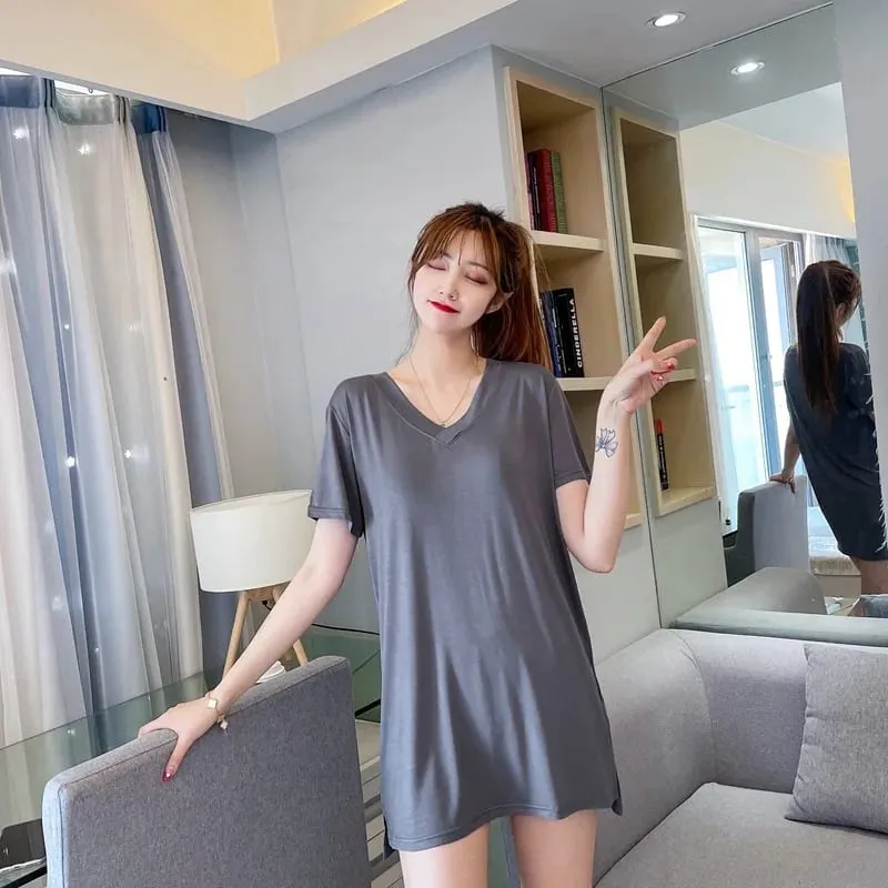Loose Modal Short Sleeve V-Neck Midi Dress Thin Home Clothes Sleepwear Women's Base Skirt Comfortable plus Size Casual Style